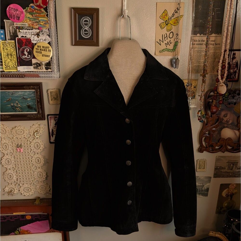 Vintage Black Suede Leather Jacket Women's Medium Solid Black Button Up